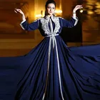 Марокканские кафтан, темно-синие мусульманские Вечерние платья, новинка 2020, ТРАПЕЦИЕВИДНОЕ кружевное вечернее платье с длинным рукавом, Дубай, арабское женское официальное платье