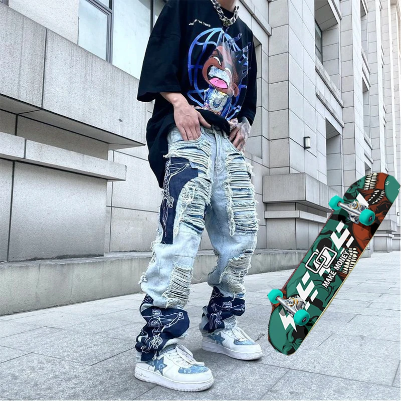 

Ripped jeans stitching large jeans men's and women's Hip Hop Pants skateboarding pants loose jeans Y2K pants baggy jeans