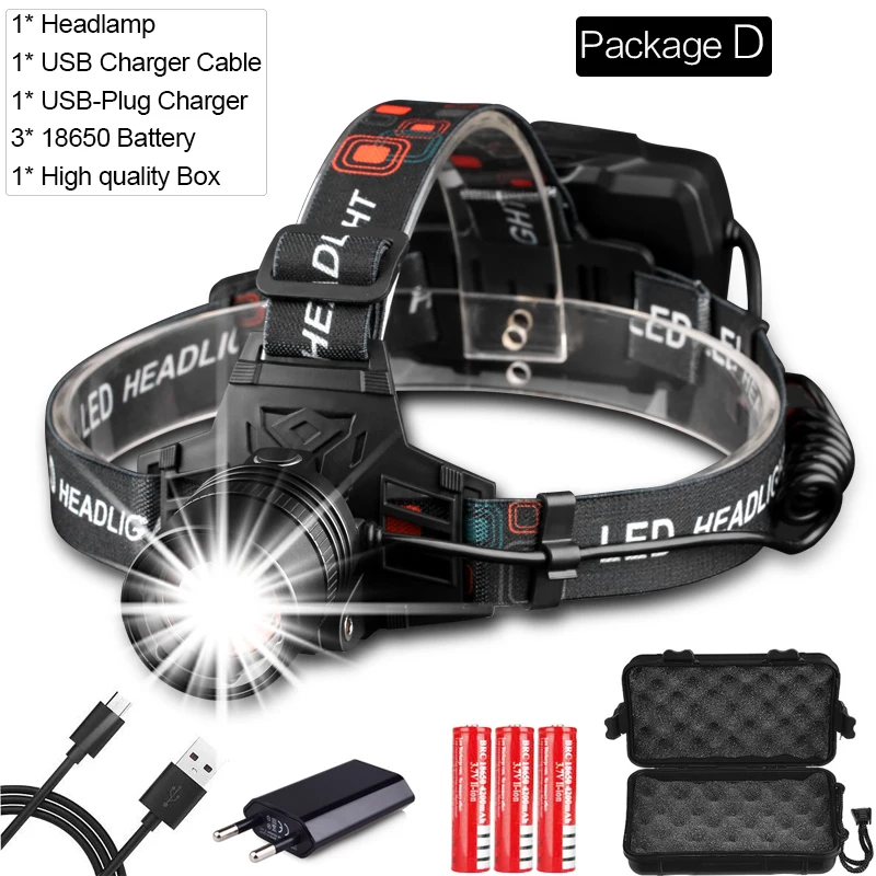 Package D Супер мощный налобный фонарь, перезаряжаемый через USB, головной светильник XHP70 XHP50, светодиодный налобный светильник, масштабируемый налобный фонарь, водонепроницаемый налобный передний светильник - Испускаемый цвет: Package D
