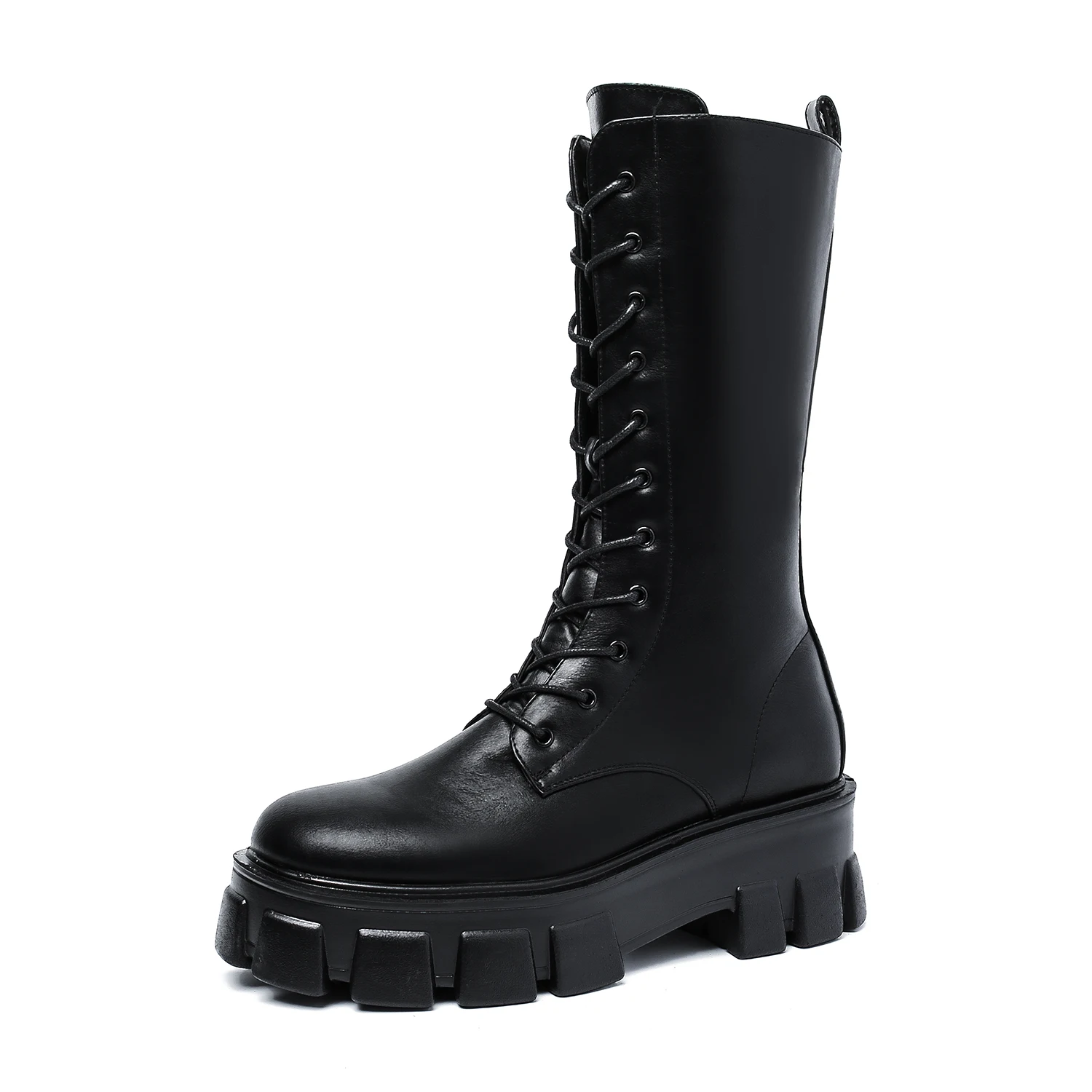 

Woem's Black Extrem Chunky Sole Calf High Biker Boots