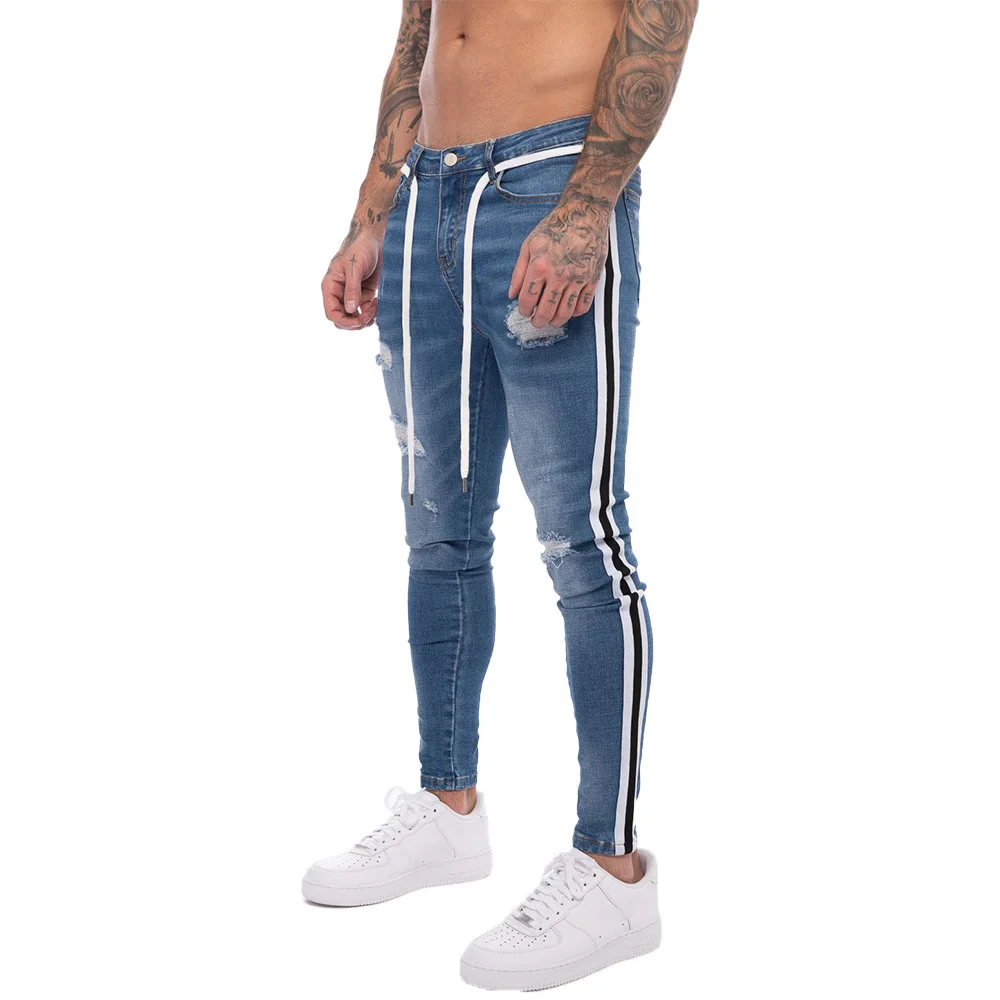 

Узкие джинсы Cofekate, Мужская одежда, облегающие мужские брюки, рваные джинсовые брюки с полосками по бокам, модные мужские брюки