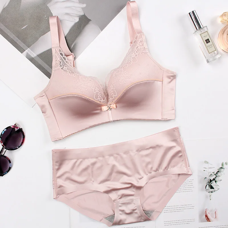 pink bra set Meizimei, кружевной deepV сексуальный бюстгальтер без косточек, комплект нижнего белья пуш-ап для женщин, маленький размер, бюстгальтер для девушек, тонкие трусики, бюстгальтер для девочек, ABC cup - Цвет: pink bra set