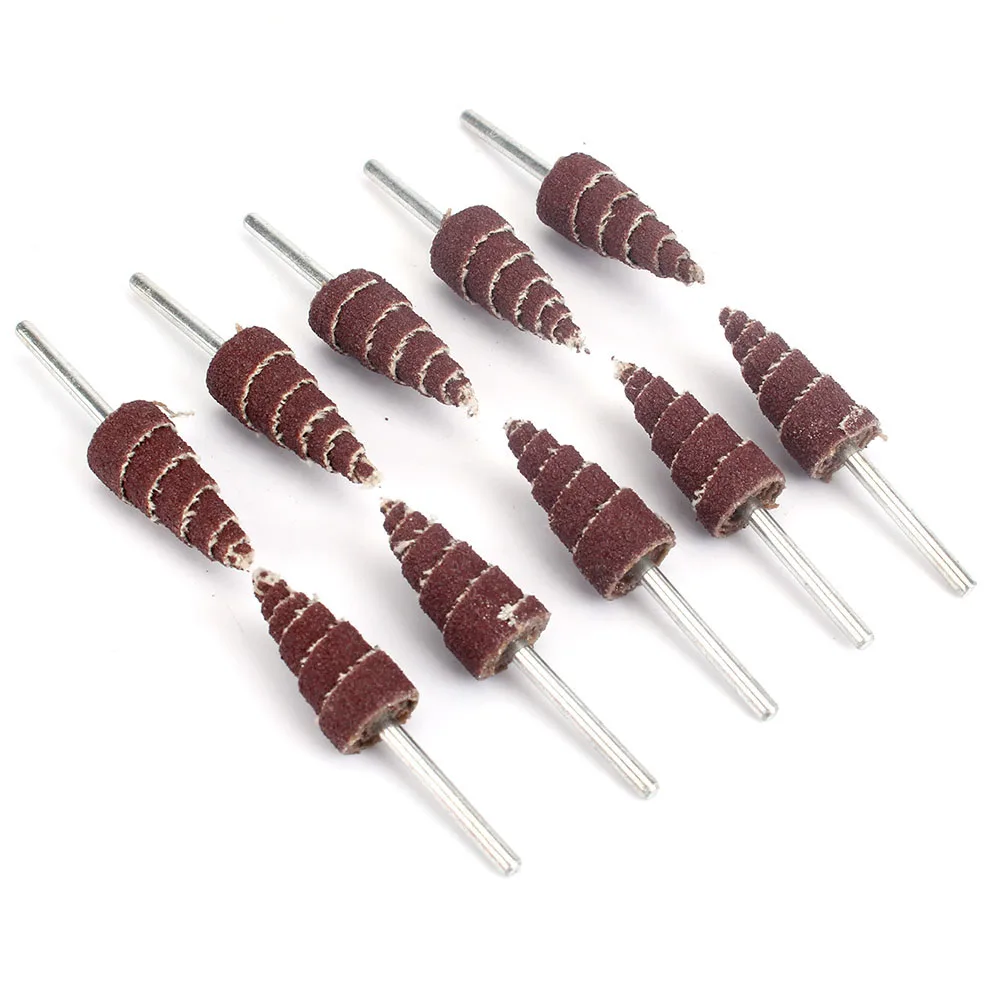 Шлифовальные головки конической формы с лепестками зернистости на полотне для полировки и шлифовки с насадкой на сверлильную машину с хвостовиком 3 мм.