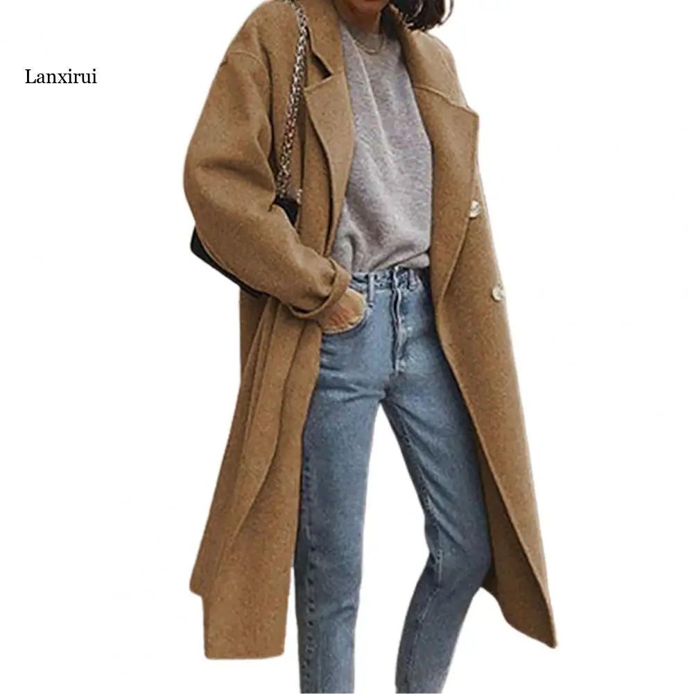 

Winter Women Long Sleeve Double-breasted Lapel Coat Jacket Mid-length Overcoat Outerwear Female Casual Woolen Mujer Coats