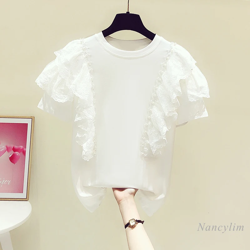 White Cotton Tshirt Women Heavy Handmade Beaded Lace Ruffled Stitching Round Neck Short-Sleeved T-shirts Female Summer Top