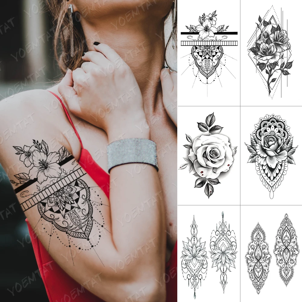 

Waterproof Temporary Tattoo Sticker Mandala Henna Flash Tattoos Rose Flower Body Art Arm Water Transfer Fake Tatoo Women Men