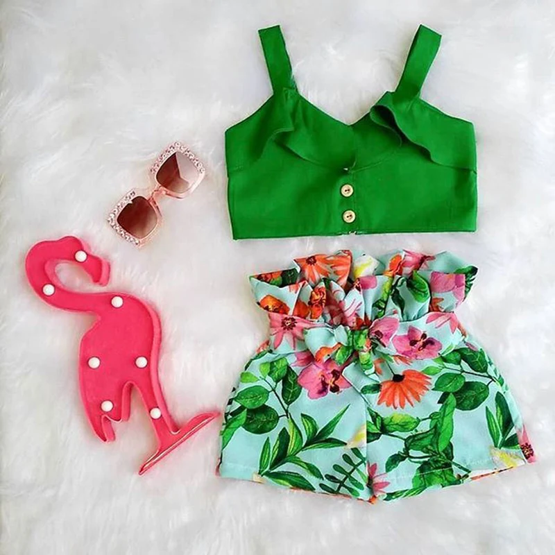 

Summer Toddler Baby Girl Floral Ruffle Vest Crop Tops + Floral Print Bandage Shorts 2pcs Outfits Set Clothes 1-6Y Dropshipping