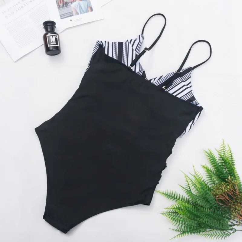

Women One-Piece Swimwear Bandage Backless Padded Stripe Print Swimsuit Monokini Beach Patchwork Summer Bathing Suit Bikini Set