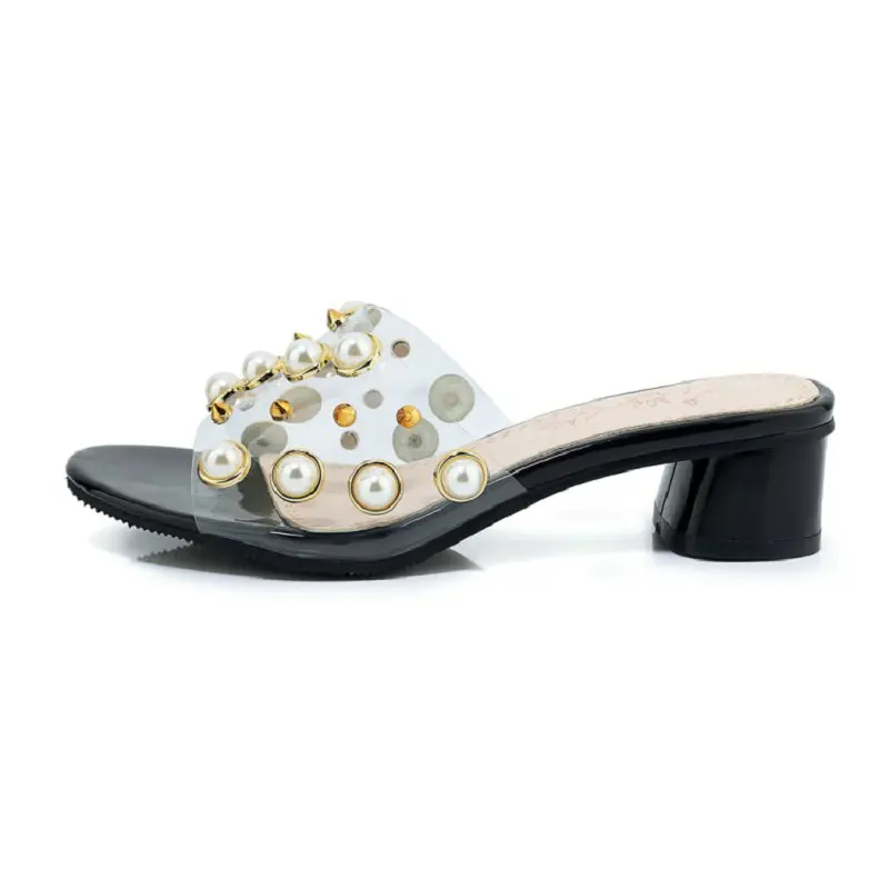 Женские прозрачные шлепанцы с открытым носком si001 белые сандалии из ПВХ жемчугом