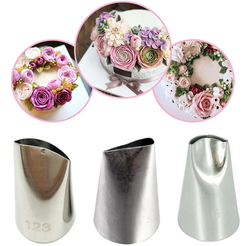 

3pcs Stainless Steel Rose Petal Flower Cream Piping Nozzle Tips #61 #123 #128 Cupcake Baking Pastry Cake Decorating Tools