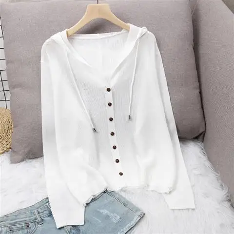 

2021 new summer knitted cardigan jacket women's hooded jacket ice silk sweater thin section hollow sunscreen P3 1183