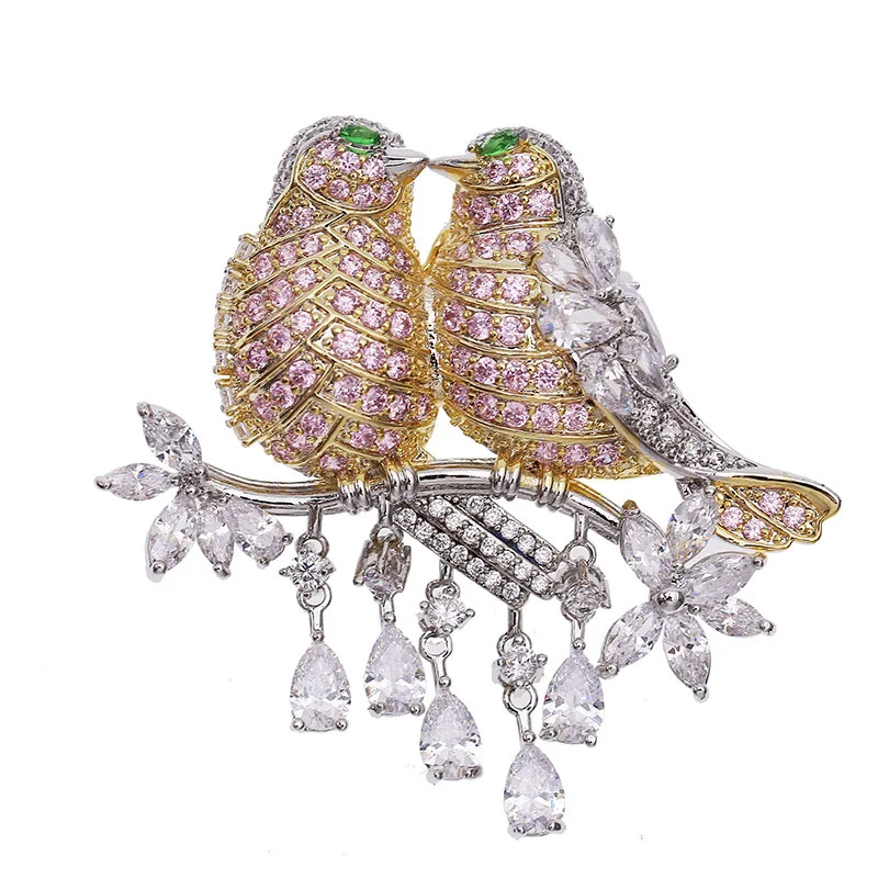 

Hot Selling Korean-style Fashion Brooch Two Birds on Branch LoveBird Women's Accessories Corsage Brooch Zircon High-End