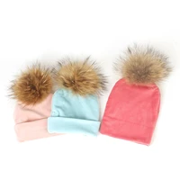 geebro autumn winter warm velvet childs kids 13cm real fur pompom beanies hats soft newborn baby boys girls toddler hats