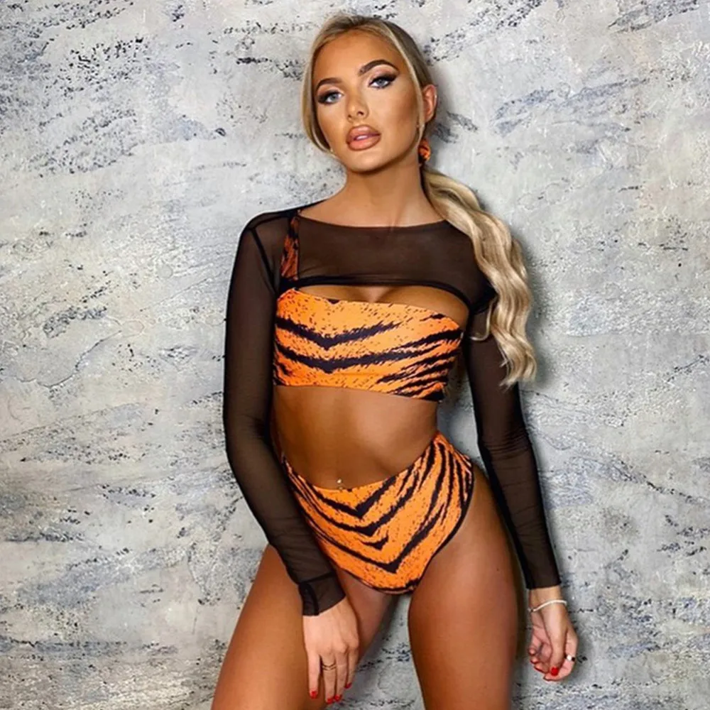 

Женский купальник с леопардовым принтом, комплект из трех предметов, бюстгальтер пуш-ап с высокой талией, бикини, сетчатая накидка, лето 2021, ...