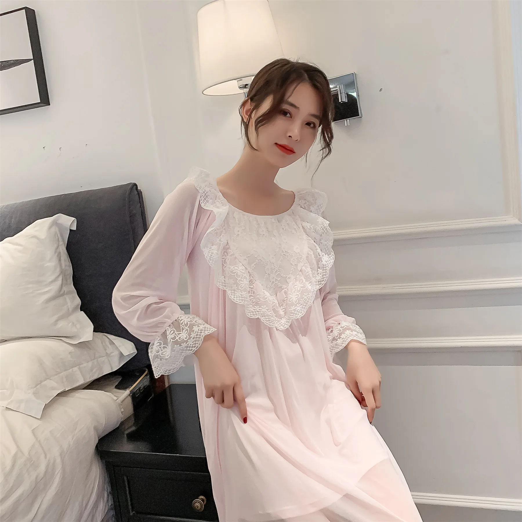 Spring Summer New Women's Nightdress Long Sleeve Palace Princess Style Nightgown Lace Sexy Nightwear Thin Home Wear Sleepwear