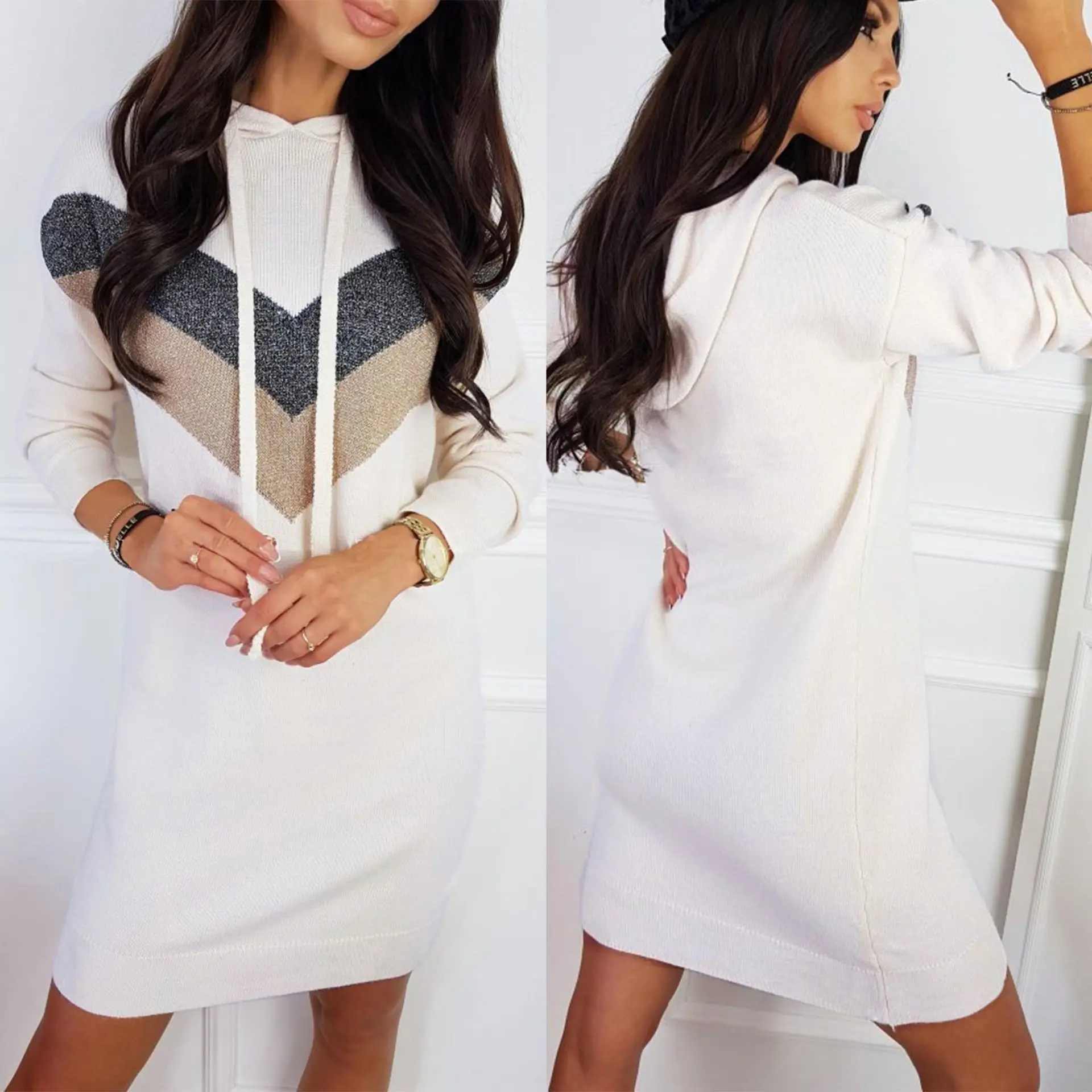 Женское мини-платье с геометрическим принтом и длинным рукавом платье капюшоном