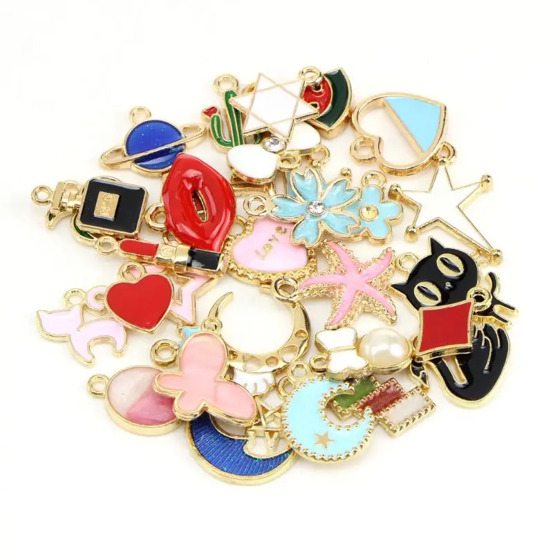 

30Pcs Mixed Enamel Charms Collection Swan Moon Star Cat Pendant Jewelry Making