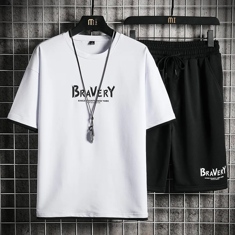 

2021 Men's Tracksuit Set Summer T-shirt + Shorts Set Fashion Printing Short Sleeve Casual Men Sportswear Running Suit 2 PCS Set