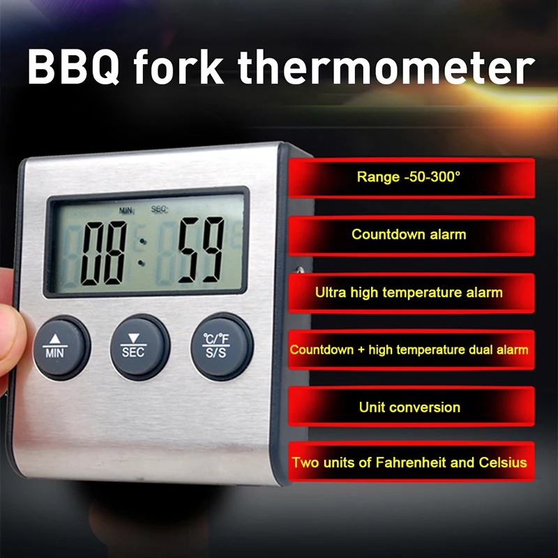 Enlarge Digital Kitchen Thermometer LCD Display Long Probe for Grill Oven Food Meat Cooking Alarm Timer Measuring Tools termometer