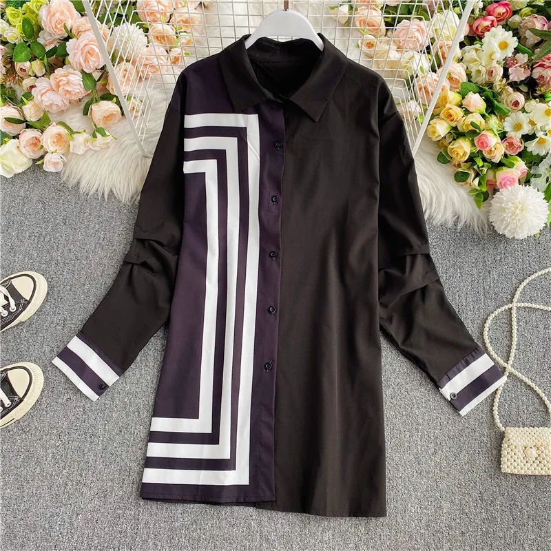 

YIZZHOY New Spring Autumn Fashion Medium Length Shirt Women Casual Loose Long Sleeve Loose Single Breasted Print Top