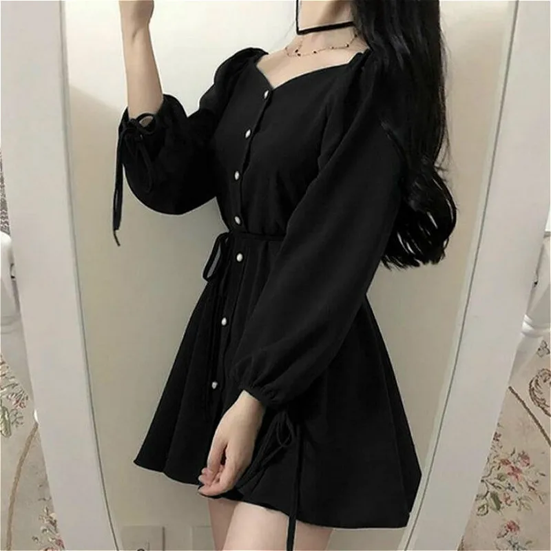 Vintage Dress Women Ulzzang Simple Black Basic Preppy Teens Vestidos Classy Retro Fashion Clothes Long Sleeve Spring New Daily | Женская