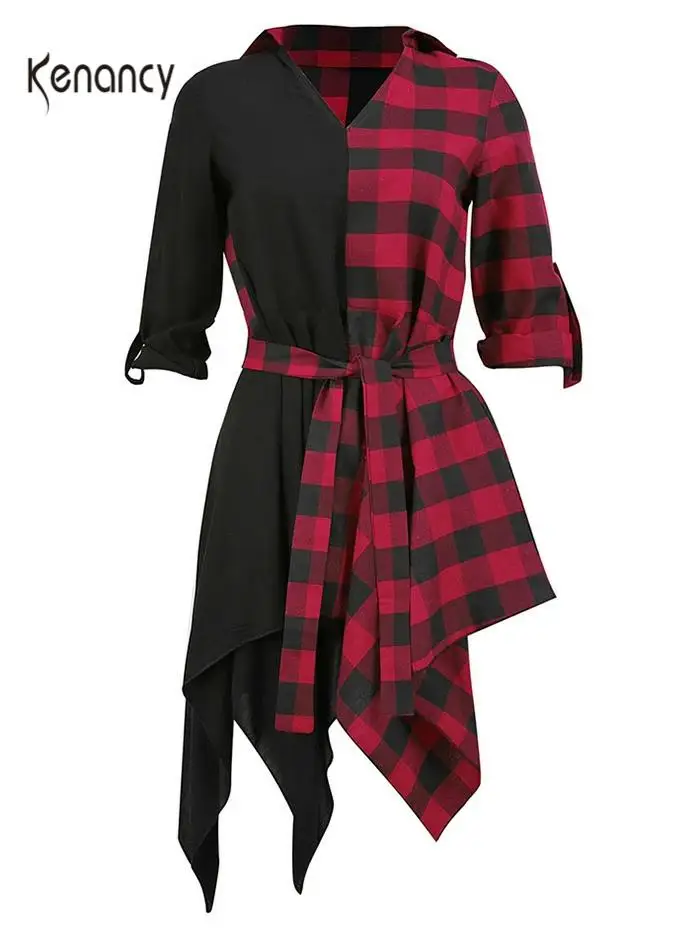 Женское платье рубашка в клетку с V образным вырезом|Женские платья| |