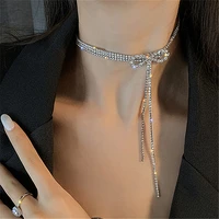 luxury full crystal inlay clavicle chain collar chokers fashion simple bowknot tassel pendant necklace for women korean jewelry