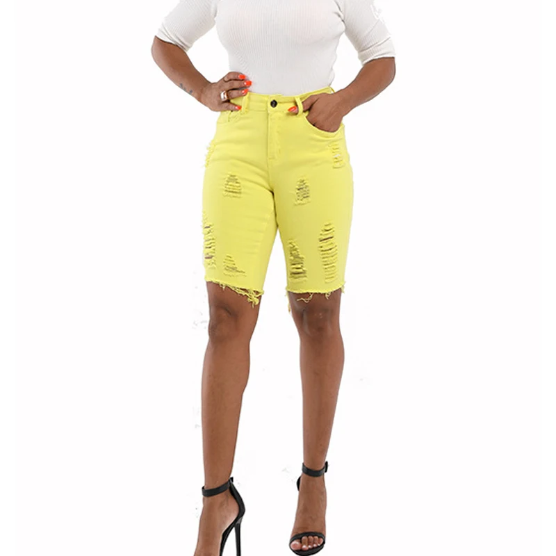 Летние женские джинсовые шорты с высокой талией черные Стрейчевые рваные