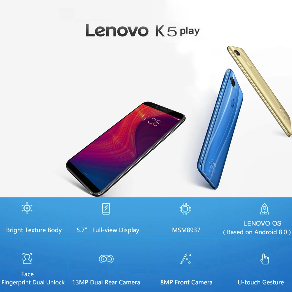 Мобильный телефон lenovo, 3 ГБ, 32 ГБ, K5 Play Face ID, 4G, смартфон, 5,7 дюймов, Восьмиядерный процессор Snapdragon, задняя камера 13 МП, 2 МП, мобильный телефон по всему миру
