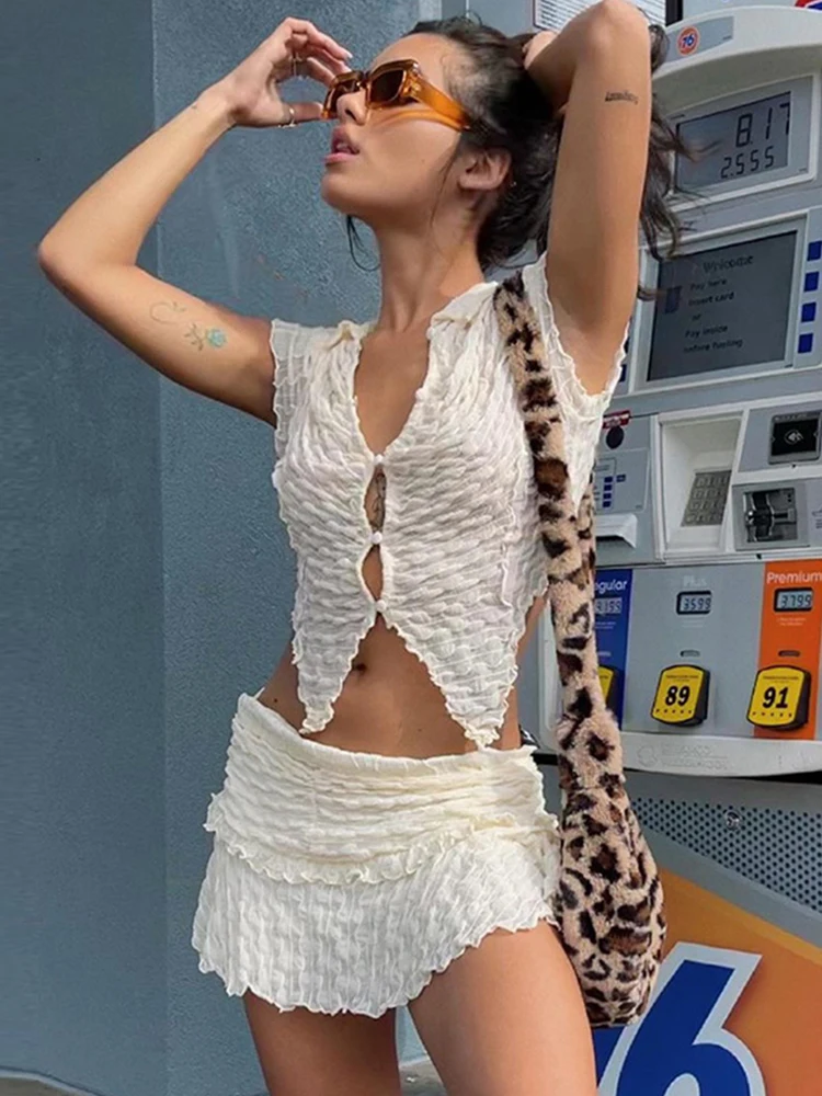 

Sifreyr See Through Sexy Skirt Outfits Women 2 Piece Set Casual Short Sleeve Button Up Shirts And Mini Skirts Y2K Matching Sets