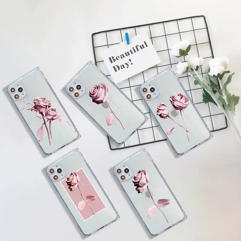 

ins pink blue rose Phone Case For iPhone 7 8 11 12 X XS XR MINI Pro Max Plus Clear Square Transparent