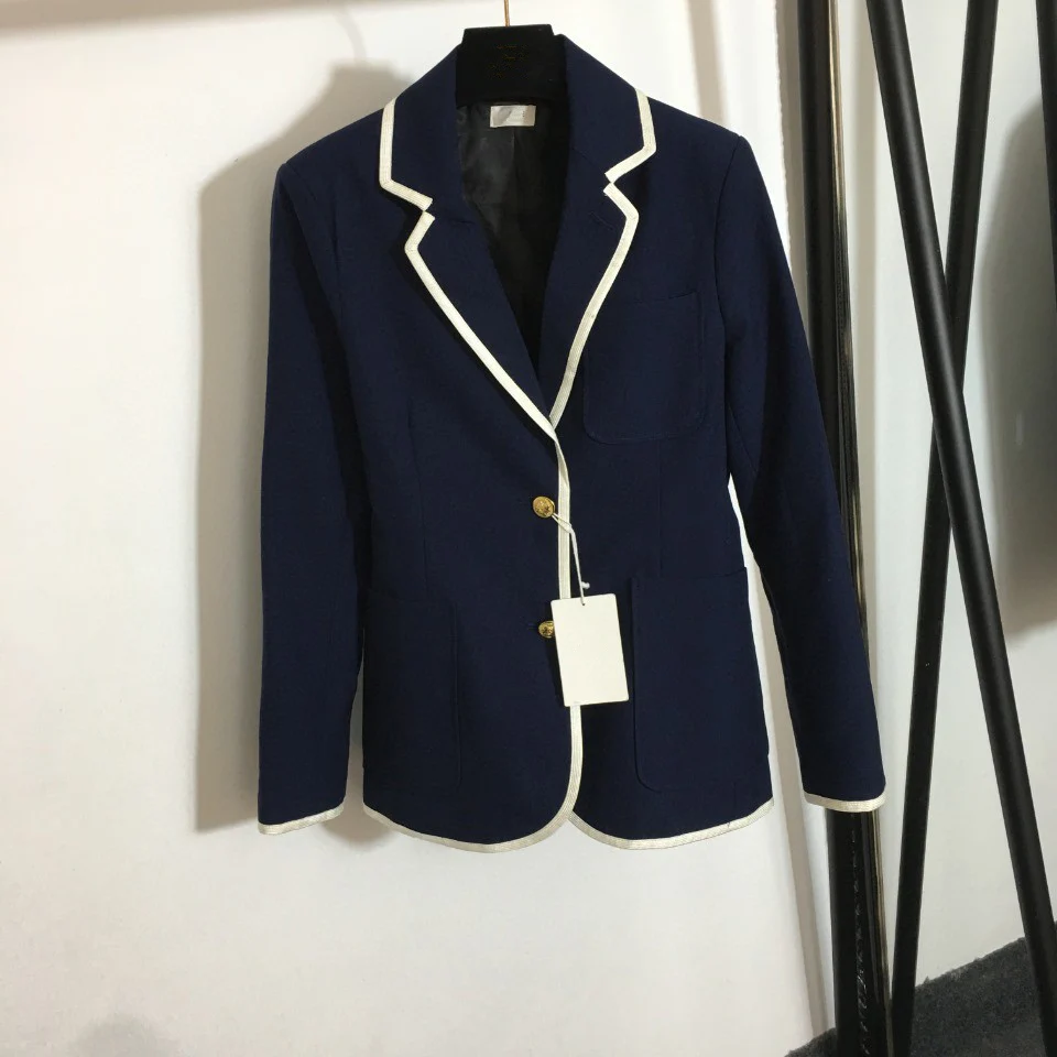 

Женский однобортный Блейзер, роскошный пикантный Блейзер контрастных цветов с лацканами и длинными рукавами темно-синего цвета на осень и ...