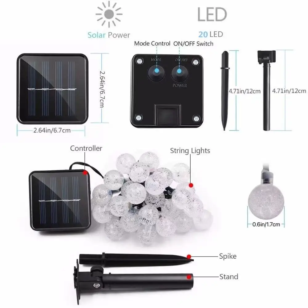 Светодиодный ная уличная гирлянда на солнечной батарее с хрустальным шариком 5 м