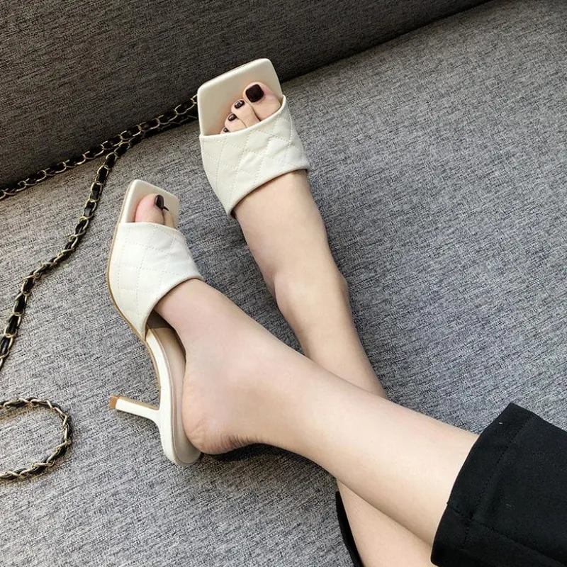 

2020 Women Fashion Slippers New Arrivals High Heels Sandals Slides Square Toe Slip on mules for women Shoes Woman Summer Slides