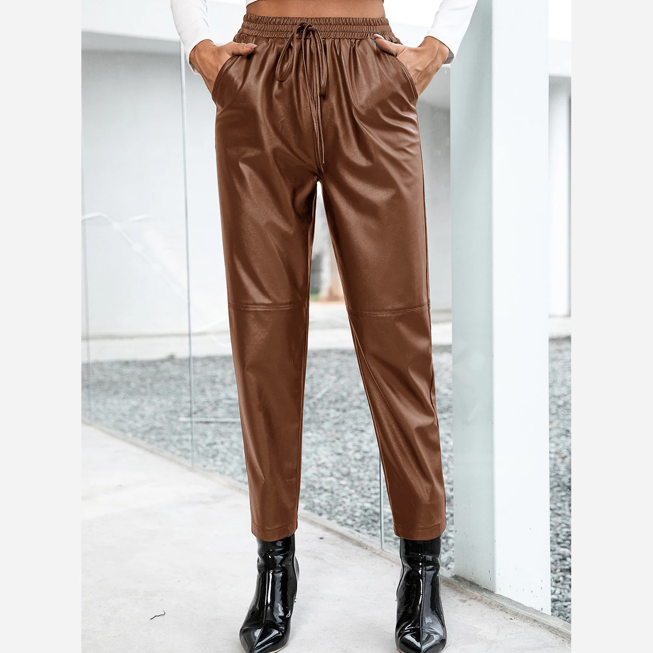 High Waist Spliced Loose Leather Pants Women Autumn Solid Drawstring PU Leather Trousers Women Straight Pants Female 2021
