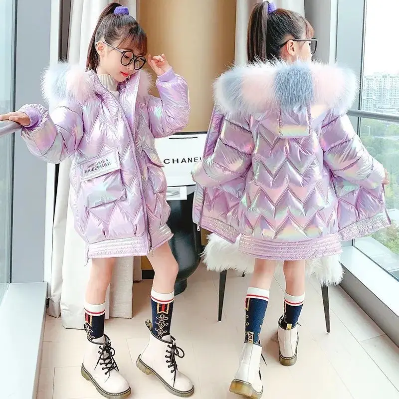 

Fashion Children Winter Coat Kids Hooded Parkas Girls Thicken Warm Bright Waterproof Jacket For Girls Outerwear Teens Snow Wear