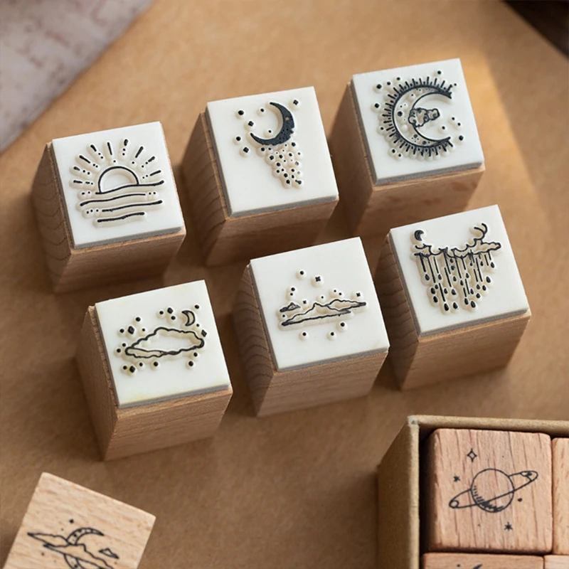 

16 Pieces Wooden Rubber Stamps Set Moon and Sixpence Series Stationery Handbook Decorative Stamps for Arts and Crafts