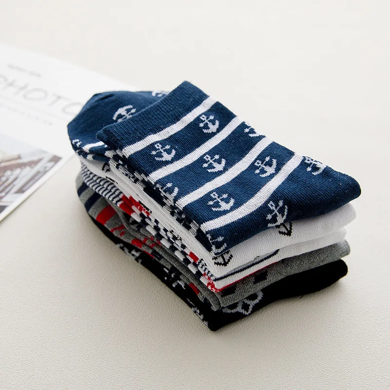 5 пар Модные полосатые носки с якорем мужские хлопковые длинные осенне зимние
