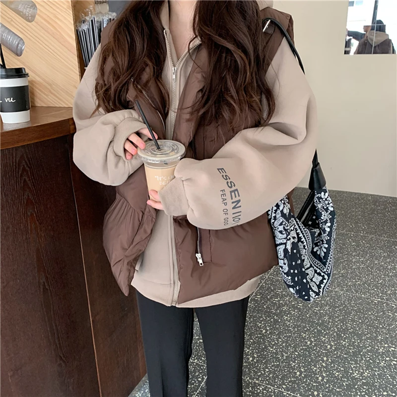 Зимний женский теплый жилет с подкладкой кофейная корейская мода куртка без