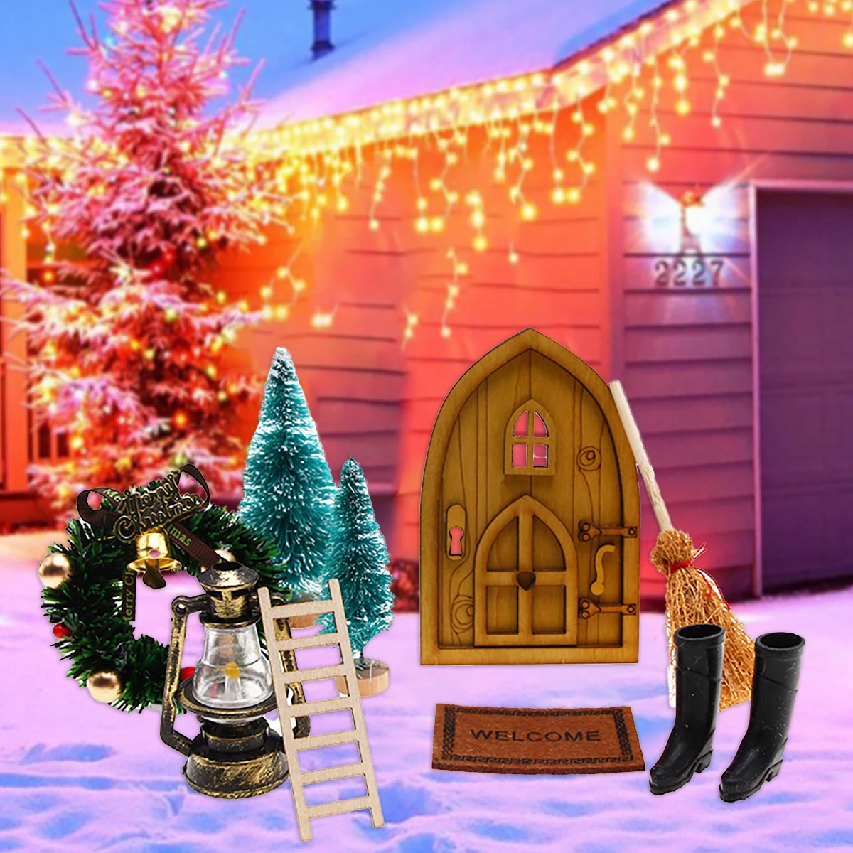 

Gnome Door Christmas Set Secret Santa Door Christmas Set with 9 Accessories Miniature Gnome Garden Furniture