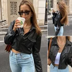 Женская свободная однобортная куртка из искусственной кожи с лацканами и длинным рукавом, черная кожаная куртка