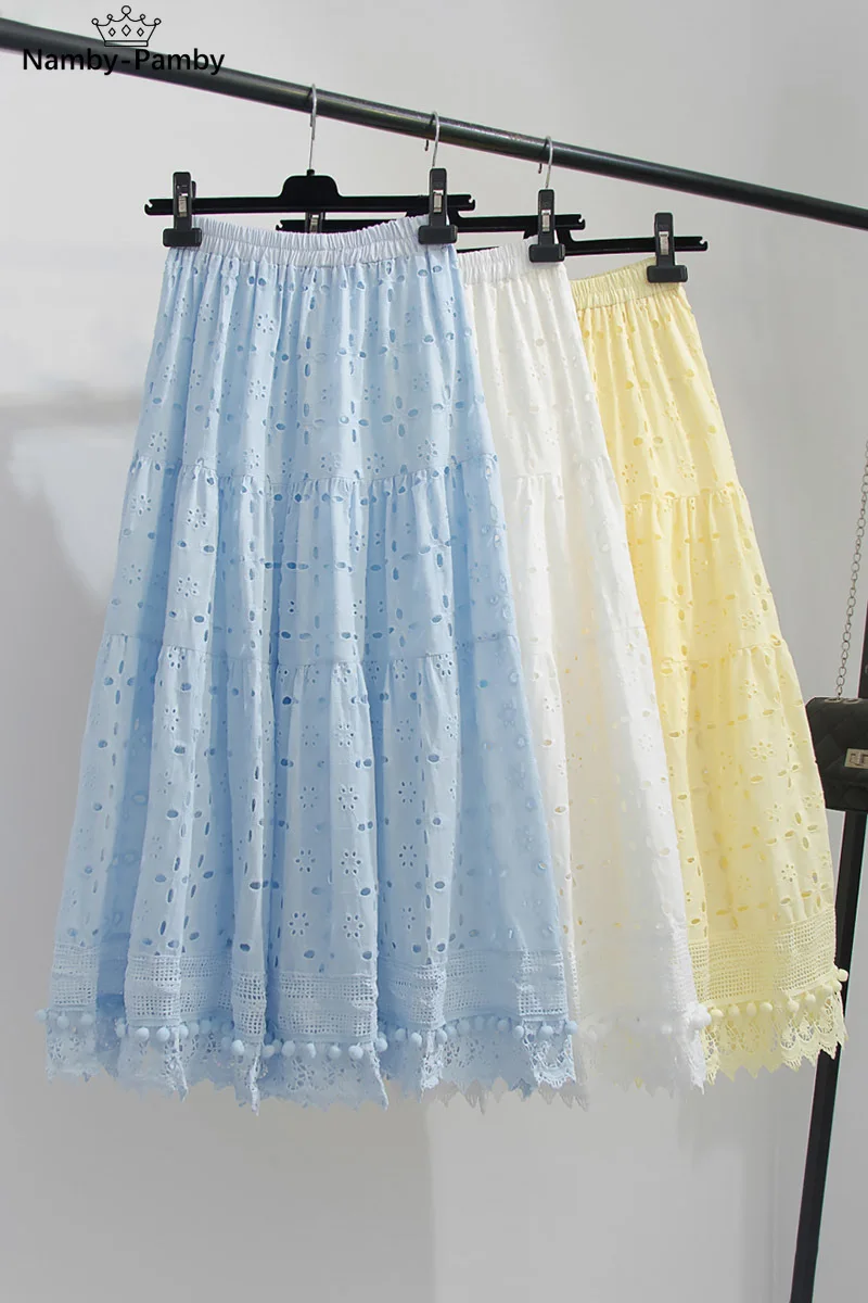 

Elegant Cotton Hollow Water-Soluble Lace Large-Length Skirt Ladies Style Embroidery Crochet Fairy A-Line Long Skirt