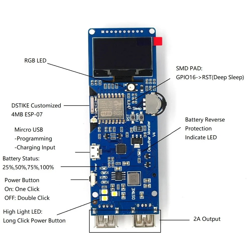 DSTIKE WiFi Deauther Монстр V4 ESP8266 18650 макетная плата защиты обратного хода со встроенной