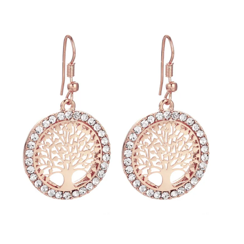 Женские круглые серьги-капельки из розового золота с кристаллами и деревом жизни
