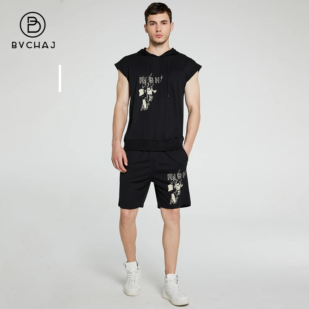 

SummerMen's Hooded Sportsuit 2 Piece Sleeveless Vest Jogging Print T-Shirt + Fitness Shorts Quick-Dry Sportswear Casual Men Wear