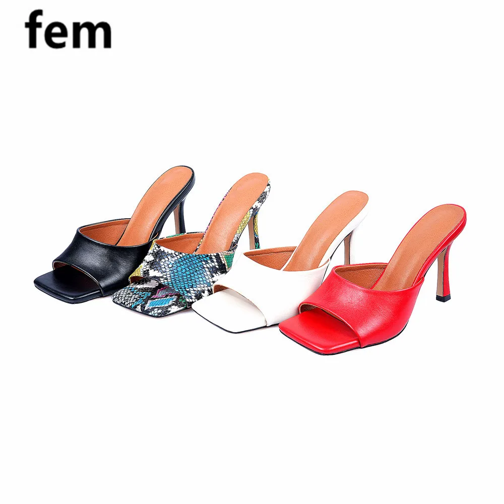 

FEM Women Slippers High Heels Summer Shoes Square Open-Toe Stiletto Pure Leather Slides Sandals Women New Fashion Casual Shoes