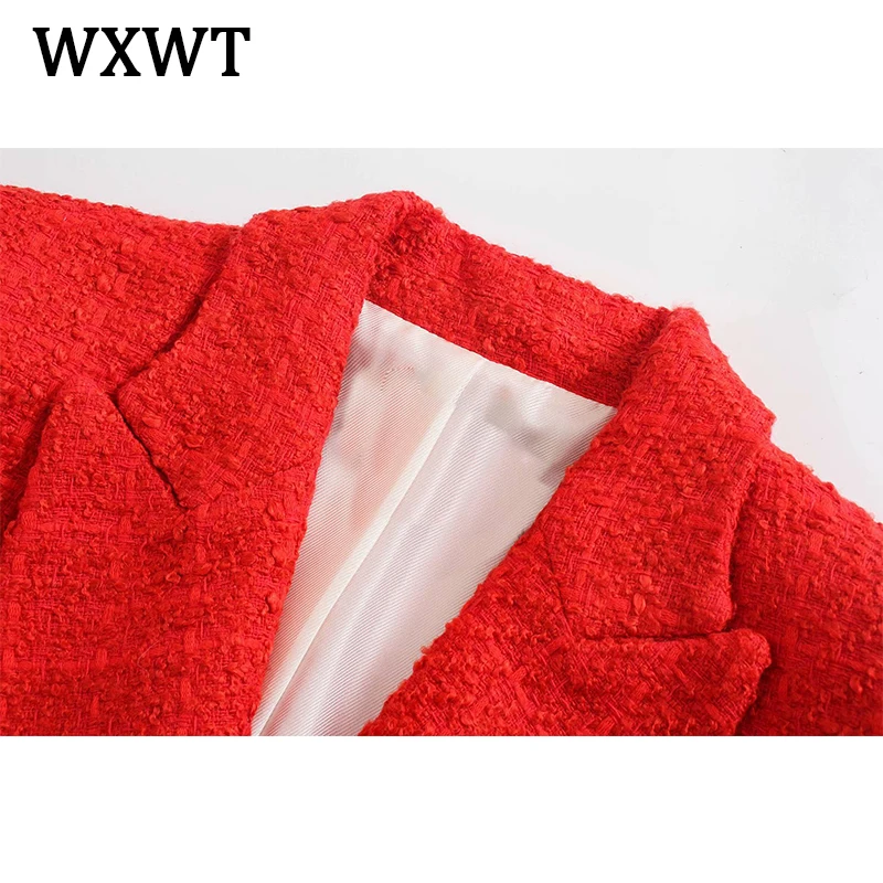 

WXWT Women Plaid Texture Double Breasted Casual Blazer Female Long Sleeve Elegant Jacket Ladies Big Red Suits Tops BB1098
