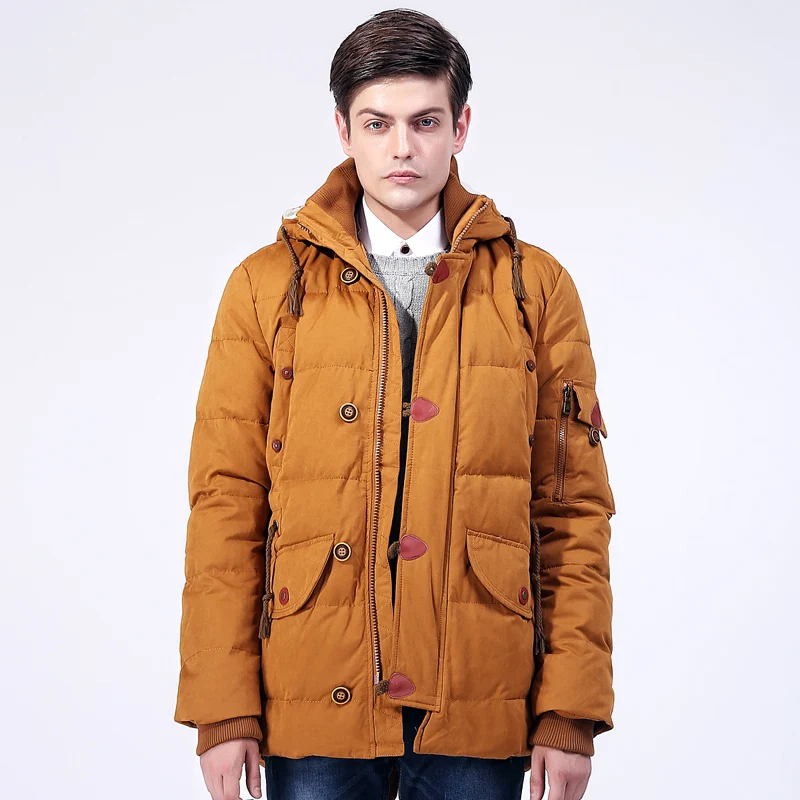 EU size Winter down jacket men's medium - long down coat khaki color hooded coat warm jacket fashion style high quality