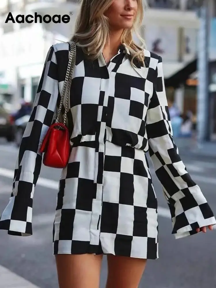 

Мини-платье женское клетчатое с отложным воротником и длинным рукавом