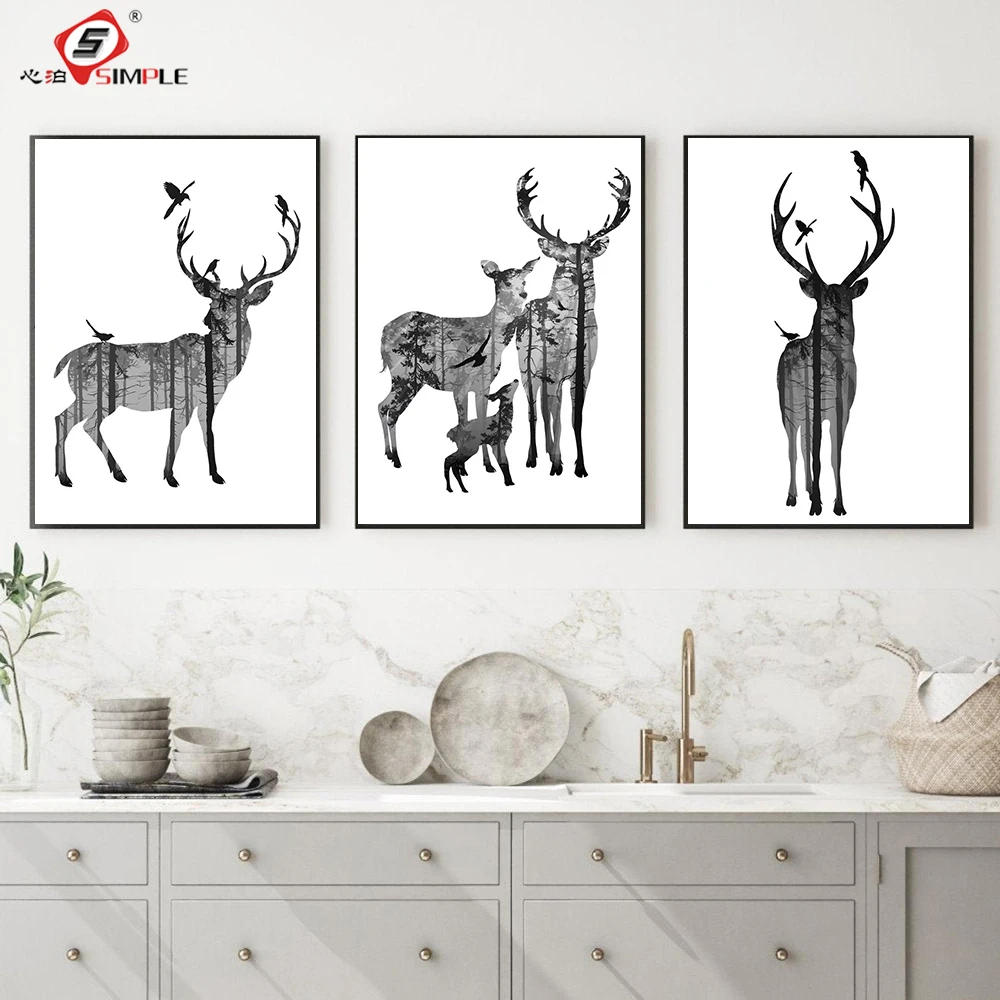 

Modern Abstract Living Room Wall Art Picture Print Canvas Paintings Black White Deer Animal Silhouette Poster Nordic Home Decor